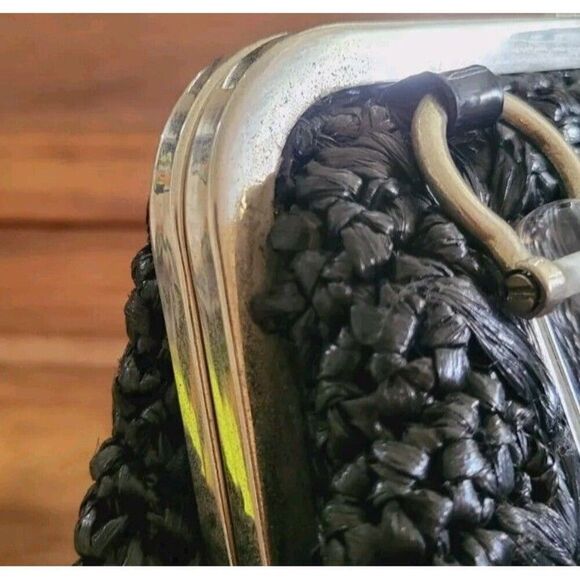 Trina Turk Woven Nylon Raffia Purse Black and Silver With Clear Handle - Picture 2 of 10